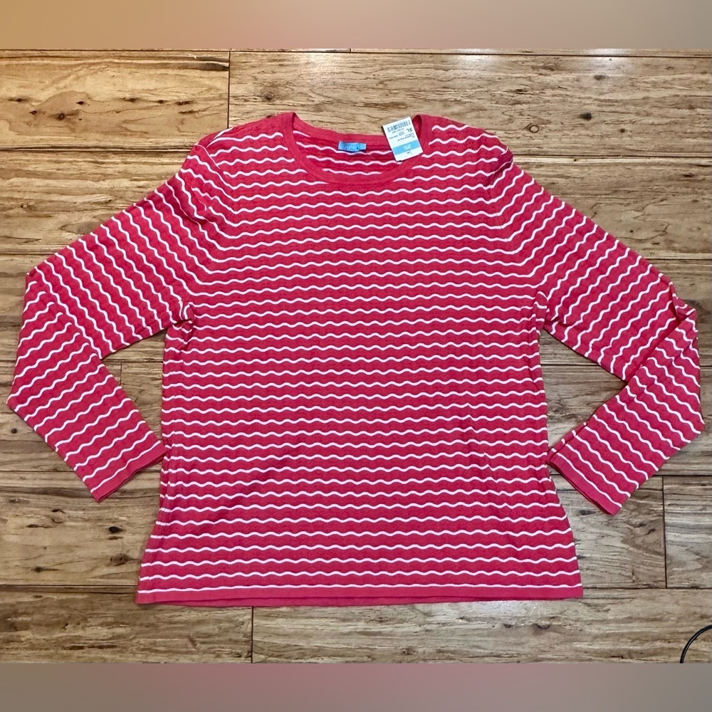 NWT‎ J.McLaughlin Women's Zia Crewneck Scallop Caicos Coral/Wht Stripe Sz XL